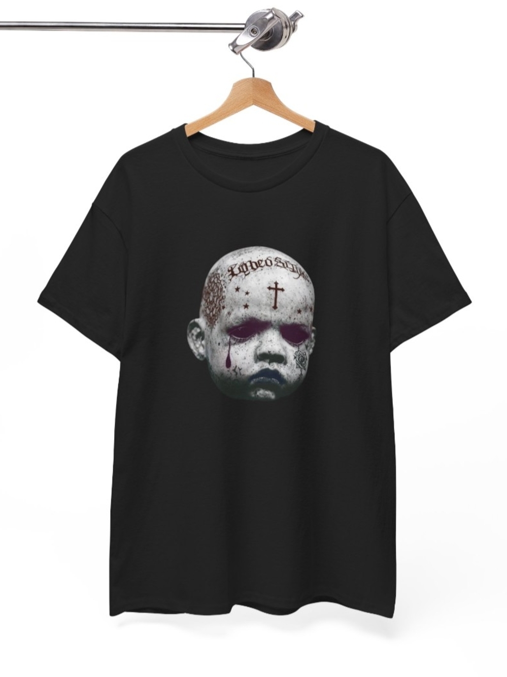 Gildan Black Short Sleeve Tee with Tattooed Doll Face Graphic